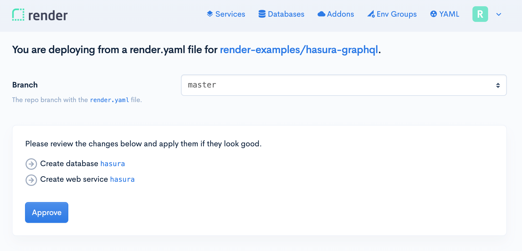 Deploy To Render Hasura Page