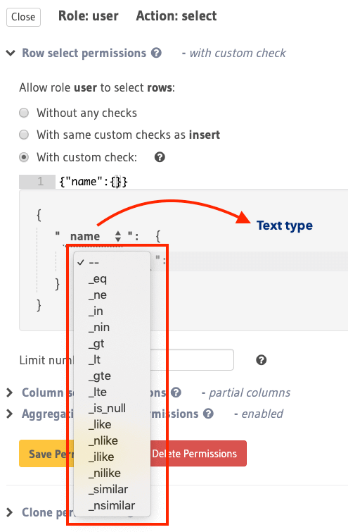 Column operators for text types