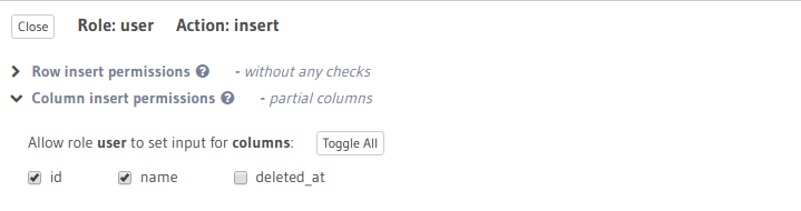 Insert permissions for role user