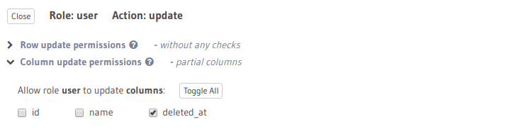 Update permissions for role user
